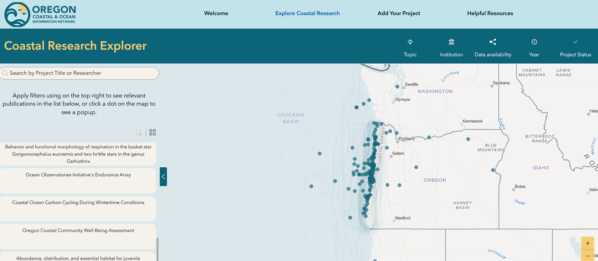 Screenshot of the Coastal Research Explorer Tool